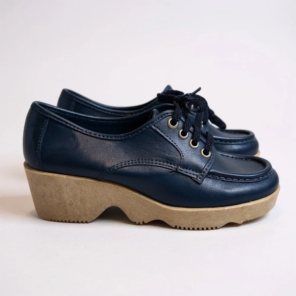 NEW Chandlers Vintage 70s Navy Blue Platform Chunky Heel Oxford Lace‎ Up